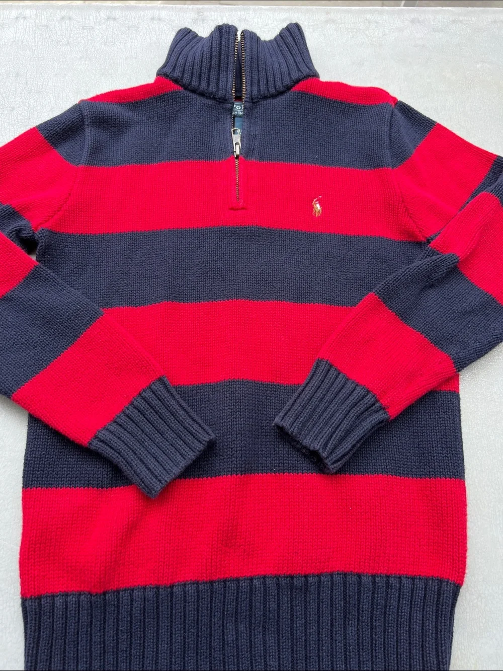 Ralph Lauren kids Red & Navy Striped Half-Zip Sweater 10-12